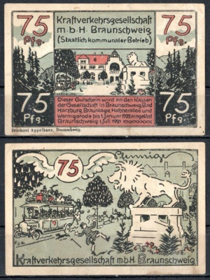 Брауншвейг 75 пфеннигов 1921 Mehl Grabowski 156.1-2/3 бумага UNC (пресс) 7556-55-2-1