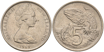 Новая Зеландия 5 центов 1969 Елизавета II (1952-2022), ящерица гаттерия KM 34.1 медно-никель 4602-649