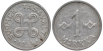 ФИНЛЯНДИЯ 1 МАРКА 1954 KM 36а железо плакированное никелем 3334-1235