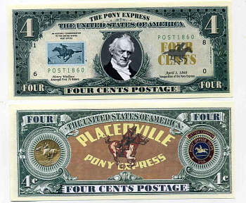 США 4 ПОЧТОВЫХ ЦЕНТА ND СУВЕНИРНАЯ БАНКНОТА, 3 АПРЕЛЯ 1860 ИННАГУРАЦИЯ ПОНИ ЭКСПРЕСС, СЛУЖБЫ ДОСТАВКИ бумага UNC (ПРЕСС) 8588-36-2-2