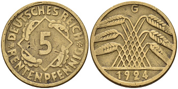 Германия 5 рентенпфеннигов 1924 G KM 32, J. 308 алюминиевая бронза 4151-667
