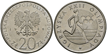 Польша 20 злотых 1980 MW, XXII летние Олимпийские Игры, Москва 1980, бегун KM 108, Parchimowicz 252 медно-никель 4168-826