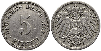 ГЕРМАНИЯ 5 ПФЕННИГОВ 1907 D KM 11, Jager 12, Weege 6 медно-никель 4547-457