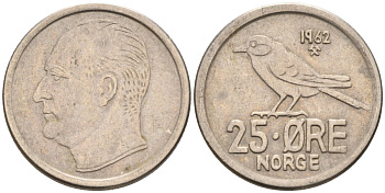 Норвегия 25 эре 1962 Улаф V (1958-1991), синица KM 407 медно-никель 4580-1032