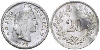 ШВЕЙЦАРИЯ, ФРАУЭНФЕЛЬД 20 РАППЕНОВ 1970 ДИАМЕТР 16 ММ. Menzel 8058.12 алюминий 100-415