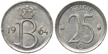Бельгия 25 сантимов 1964 Belgie, Бодуэн I (1951-1993) KM 154.1 медно-никель 71-758