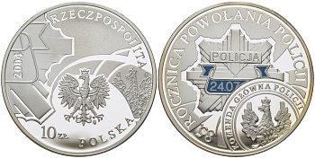 Польша 10 злотых 2004 MW, 85 лет польской полиции, цветная эмаль KM 502 серебро PROOF 02-262-32