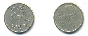 Норвегия 50 эре 1966 Улаф V (1957-1991), собака KM 408 медно-никель 3999-925