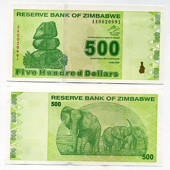 Зимбабве 500 долларов 2009 слоны Pick 98 бумага UNC (пресс) 448-49-1