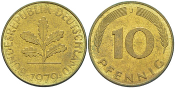 ФРГ 10 ПФЕННИГОВ 1979 J KM 108, J. 383 сталь плакированная латунью 219-526
