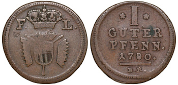 Шаумбург-Гессен-Кассель 1 пфенниг 1780 BR KM 35 медь    116-839