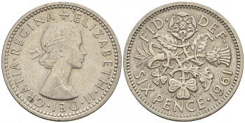 Великобритания 6 пенсов 1961 Елизавета II (1952-2022) KM 903, Spink 4149 медно-никель 4392-127
