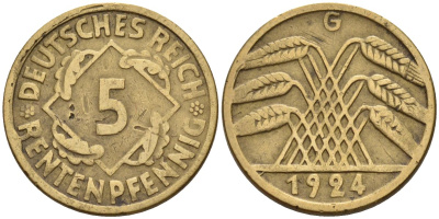 Германия 5 рентенпфеннигов 1924 G KM 32, J. 308 алюминиевая бронза 4151-667