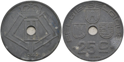 Бельгия 25 сантимов 1942 BELGIE-BELGIQUE KM 132 цинк 4117-1141