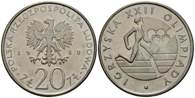 Польша 20 злотых 1980 MW, XXII летние Олимпийские Игры, Москва 1980, бегун KM 108, Parchimowicz 252 медно-никель 4168-826