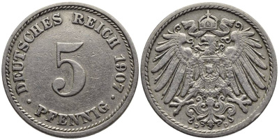 ГЕРМАНИЯ 5 ПФЕННИГОВ 1907 D KM 11, Jager 12, Weege 6 медно-никель 4547-457