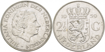 Нидерланды 2 1/2 гульдена 1959 Юлиана (1948-1980) KM 185 серебро 1515-1133