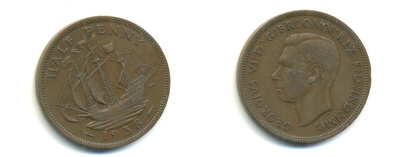 Великобритания 1/2 пенни 1938 Георг VI (1936-1952) KM 844, Spink 4115 бронза 59-1012