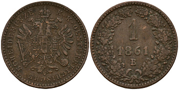 Австрия 1 крейцер 1861 B, Франц Иосиф I (1848-1916) KM 2186 медь 4154-835