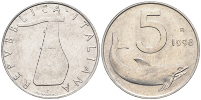 Италия 5 лир 1998 R, дельфин KM 92 алюминий  UNC  4594-749