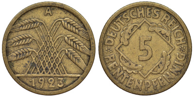 Германия 5 рентенпфеннигов 1923 A KM 32, J. 308 алюминиевая бронза 4124-255