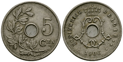 Бельгия 5 сантимов 1906 Belgie, Леопольд II (1865-1909) KM 55 медно-никель 4173-148