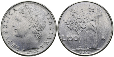 Италия 100 лир 1991 R, Афина в доспехах KM 96.2 нержавеющая сталь 98-157