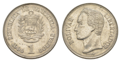 Венесуэла 1 боливар 1990 Симон Боливар, толстый шрифт Y 52a.2 сталь плакированная никелем 4591-1013