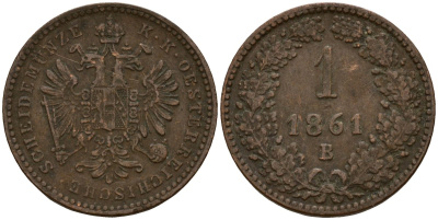 Австрия 1 крейцер 1861 B, Франц Иосиф I (1848-1916) KM 2186 медь 4154-835