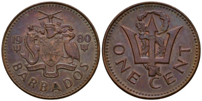Барбадос 1 цент 1980 FM, сломанный трезубец Британии KM 10 бронза 4602-243