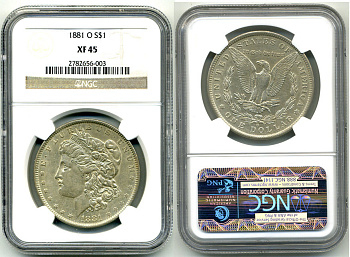 США 1 доллар 1881 О, Морган доллар, монетный двор Орлеан, в слабе NGC KM 110 серебро XF 45 00-000-00