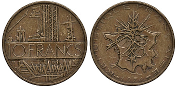 Франция 10 франков 1976 тип Матье KM 940, Le Franc 365.7-8 никель латунь 186-1037