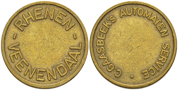 НИДЕРЛАНДЫ ЖЕТОН ND ДЛЯ ТОРГОВЫХ АВТОМАТОВ, RHENEN VEENENDAAL, C. GAASBEEKS AUTOMATEN SERVICE, ДИАМЕТР 20 ММ. желтый металл 100-412