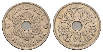 Дания 5 крон 1990 Маргрете II (1972-2024) KM 869 медно-никель 190-816