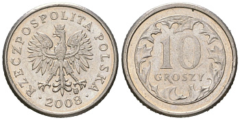 Польша 10 грошей 2008 KM 279 медно-никель UNC 4532-746