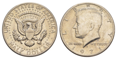 США 1/2 доллара (50 центов) 1971 D, Джон Кеннеди KM 202b медь плакированная медно-никелем aUNC 109-1115