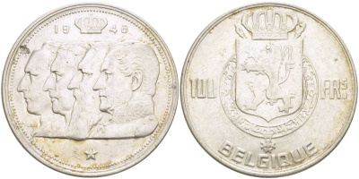 Бельгия 100 франков 1948 Belgique, королевская династия KM 138.1 серебро 1519-113