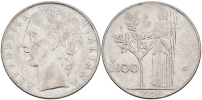 Италия 100 лир 1956 R, Афина в доспехах KM 96.1 нержавеющая сталь 4683-441