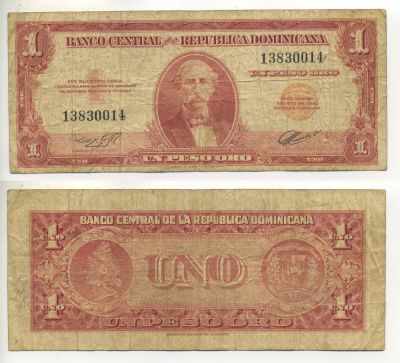 ДОМИНИКАНСКАЯ РЕСПУБЛИКА 1 ПЕСО 1962-1963 КРАСНАЯ, ПОРТРЕТ ДУАРТЕ, ПРИНТ ABNC Pick 91a бумага 7457-26-3