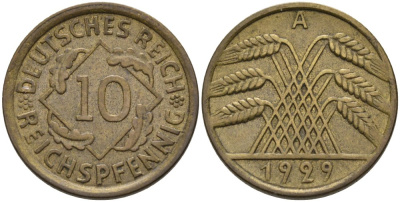 Германия 10 рейхспфеннигов 1929 А KM 40, J. 317 алюминиевая бронза 4575-444