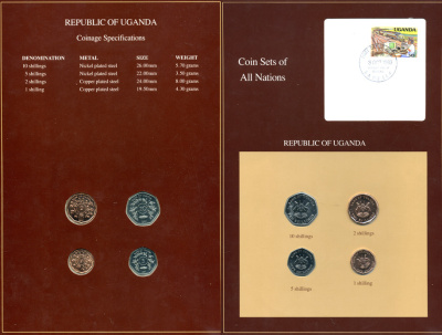 Уганда набор из 4 монет 1987 серия наборы мира, запайка в буклете с маркой    UNC  14-01-03-14