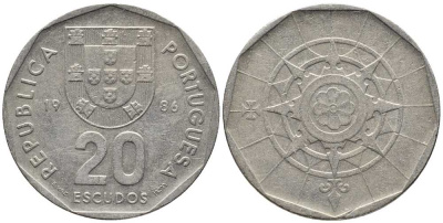 ПОРТУГАЛИЯ 20 ЭСКУДО 1986 INCM KM 634.1 медно-никель 38-332