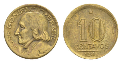 Бразилия 10 сентаво 1948 Жозе Бонифасиу де Андрада и Силва KM 561 алюминиевая бронза 4644-429