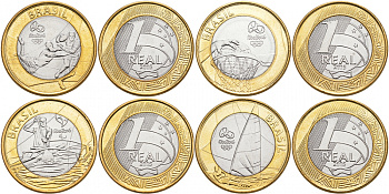 Бразилия набор из 4 монет по 1 реалу 2015 XXXI Олимпийские игры 2016 года в Рио-де-Жанейро (регби, гребля, регата, баскетбол) KM 707, 704, 705, 706 биметалл UNC 3459-652-655