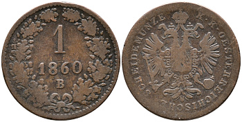АВСТРИЯ 1 КРЕЙЦЕР 1860 В, SMALL EAGLE KM 2186 медь 100-518