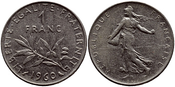 ФРАНЦИЯ 1 ФРАНК 1960 СЕЯТЕЛЬ KM 925.1, LE FRANC 226.4 никель 633-1022