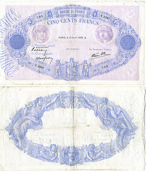 Франция 500 франков 1939 13 апреля 1939 Q Pick 88с бумага 434-3-1-1