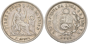 Перу 1/5 соль 1863 YB KM 191 серебро 34-611