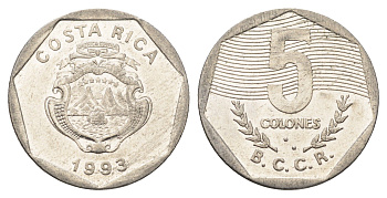 Коста-Рика 5 колонов 1993 KM 214.3 сталь плакированная никелем 4663-947