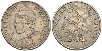 Французская Новая Каледония 20 франков 2007 три быка, (IEOM) KM 12a, Schoen 14a медно-никель 4131-834